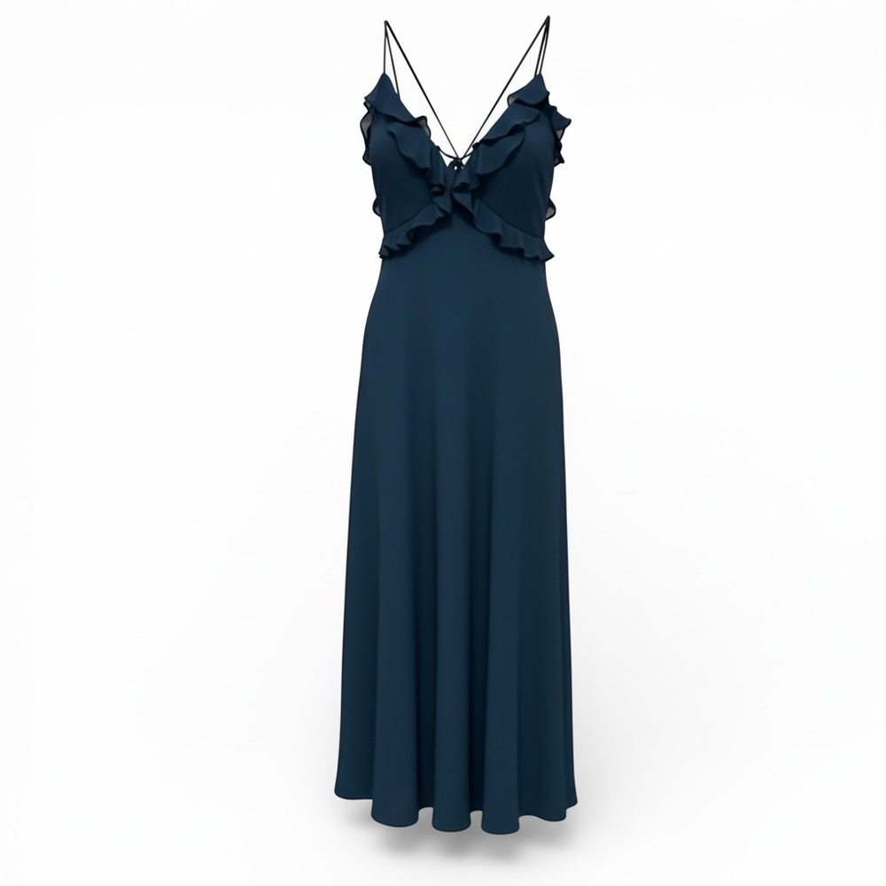 Forever 21 Teal Ruffled Chiffon Crisscross Midi Dress M | Wedding Cocktail Party
